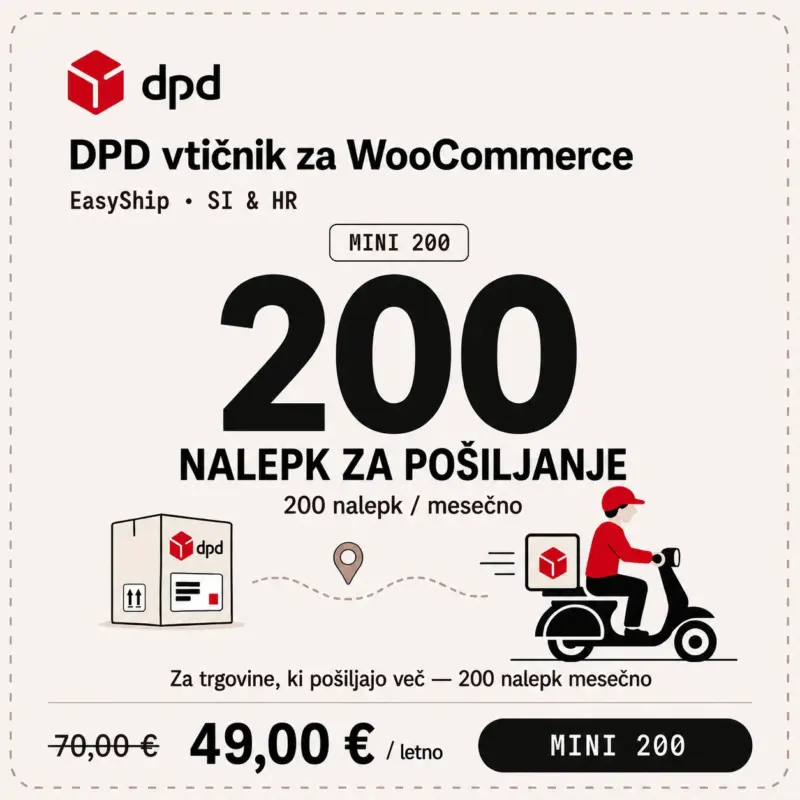 Mini 200 paket za DPD WooCommerce vtičnik z do 200 nalepkami za pošiljanje